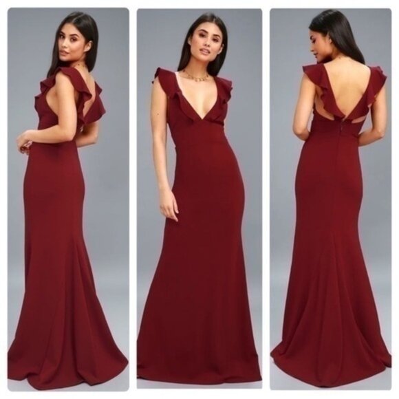 Lulu’s Perfect Opportunity Burgundy Ruffle Strap Formal Maxi Dress Medium M HH8 - Picture 1 of 12